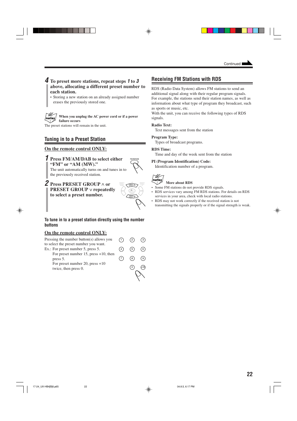 Tuning in to a preset station, Receiving fm stations with rds, On the remote control only | Press fm/am/dab to select either “fm” or “am (mw) | JVC CA-UXHB4 User Manual | Page 25 / 36