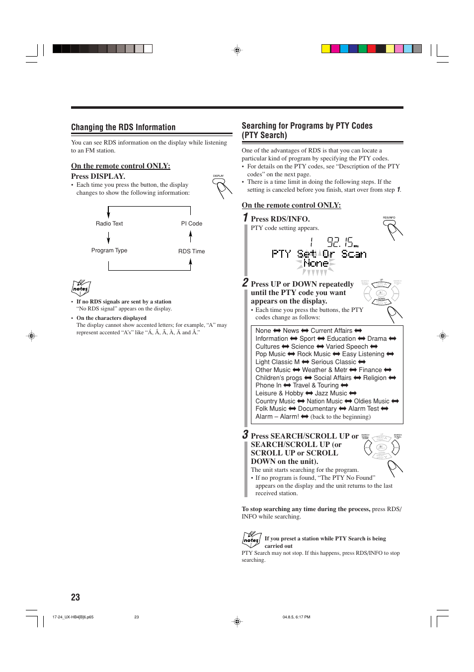 Searching for programs by pty codes (pty search), Changing the rds information, On the remote control only | Press rds/info, On the remote control only: press display | JVC CA-UXHB4 User Manual | Page 26 / 36