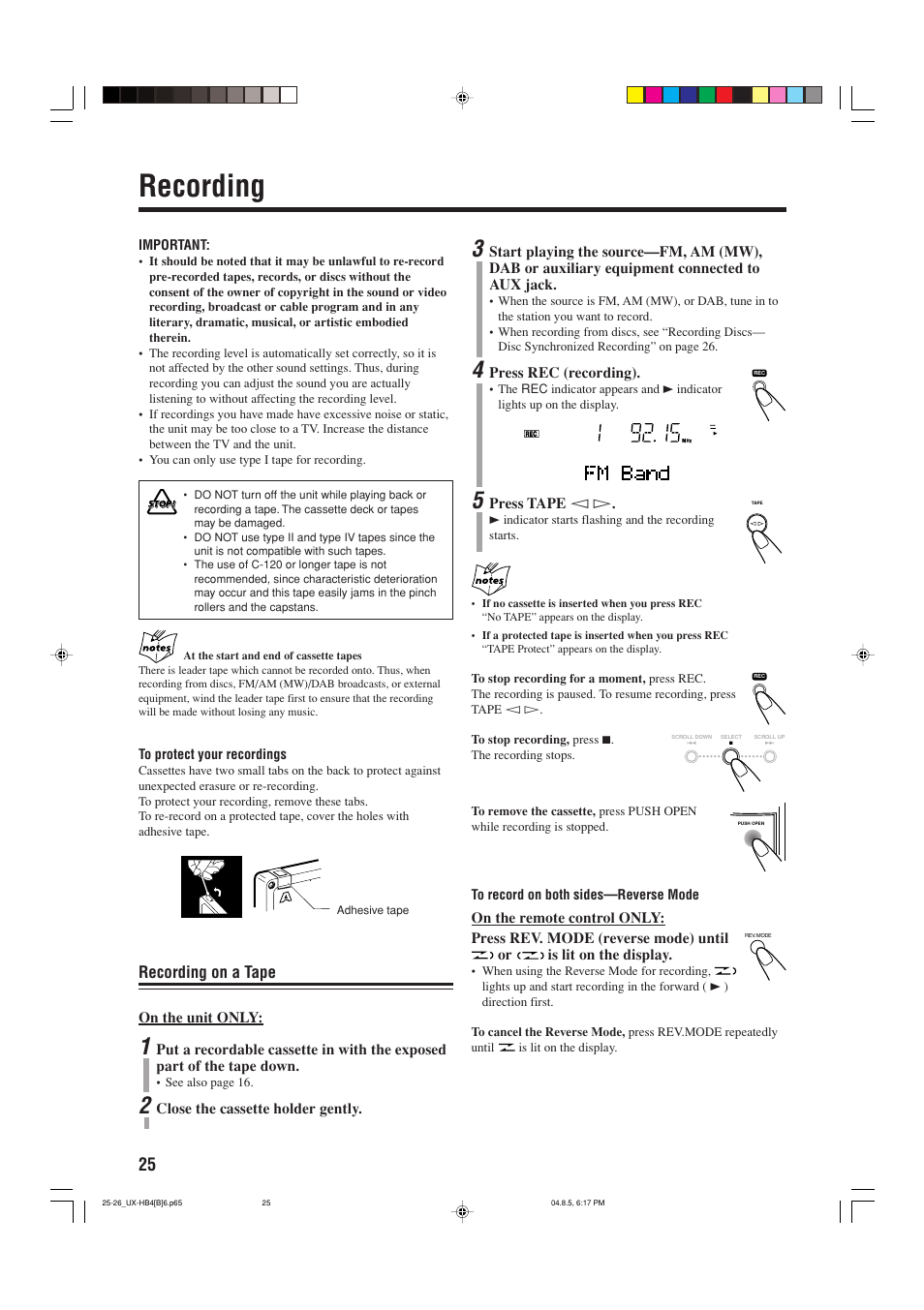 Recording, Recording on a tape | JVC CA-UXHB4 User Manual | Page 28 / 36