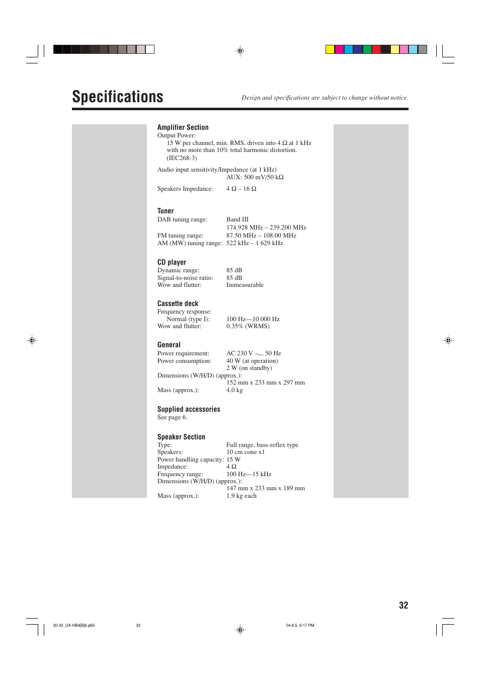 Specifications | JVC CA-UXHB4 User Manual | Page 35 / 36