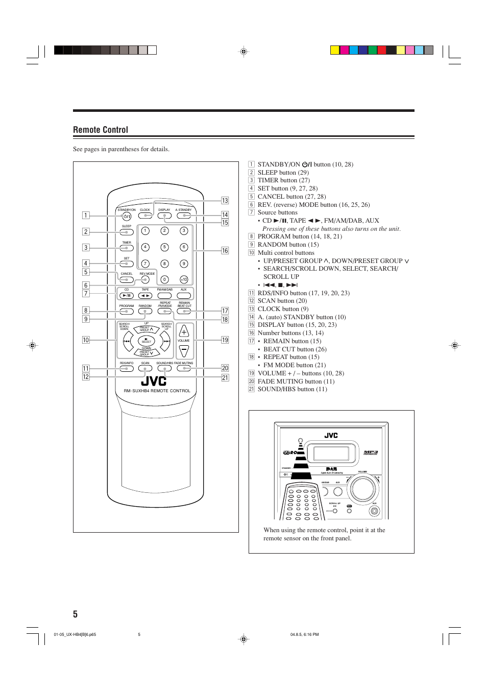 Remote control, See pages in parentheses for details | JVC CA-UXHB4 User Manual | Page 8 / 36