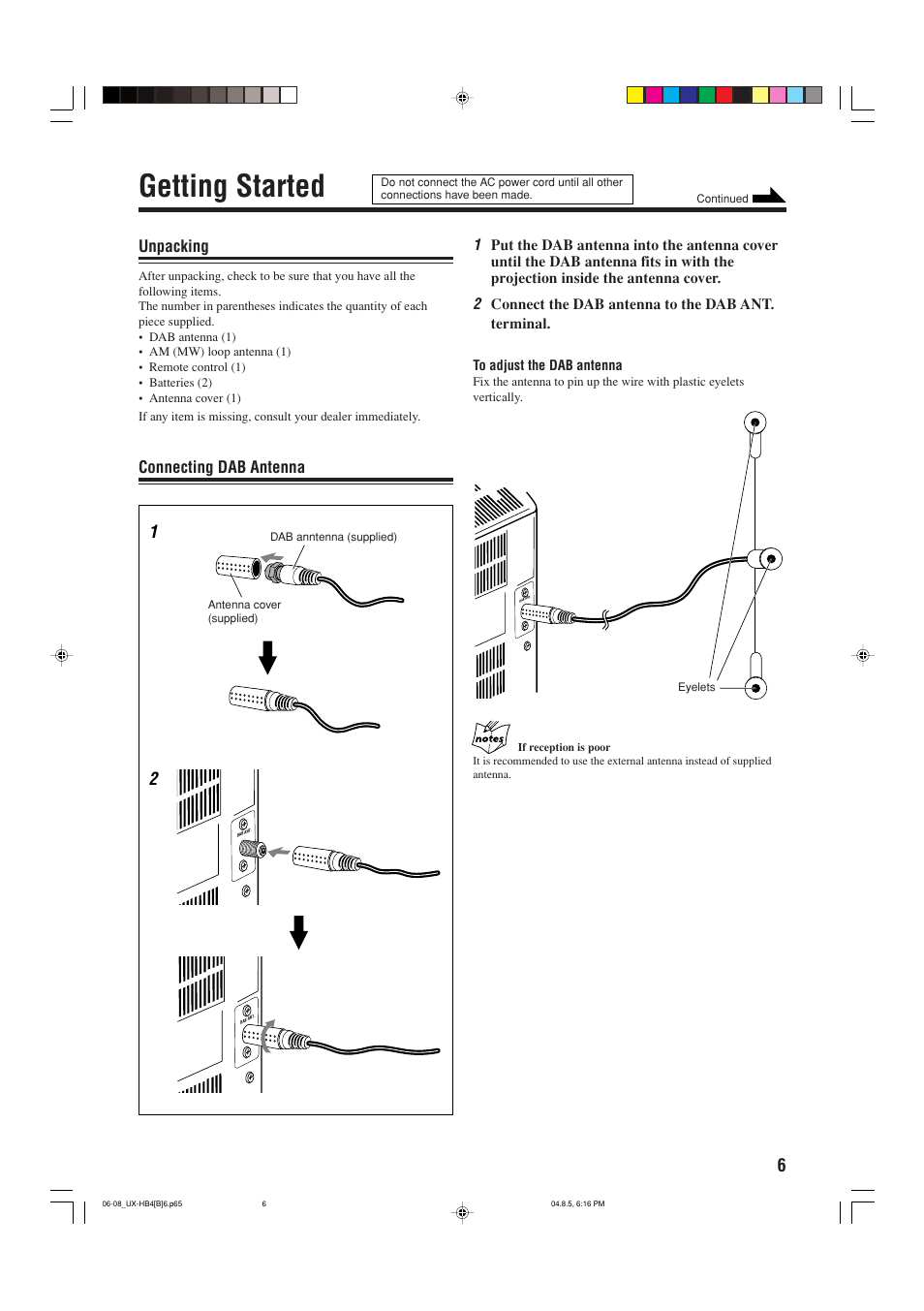 Getting started, Unpacking, Connecting dab antenna | JVC CA-UXHB4 User Manual | Page 9 / 36