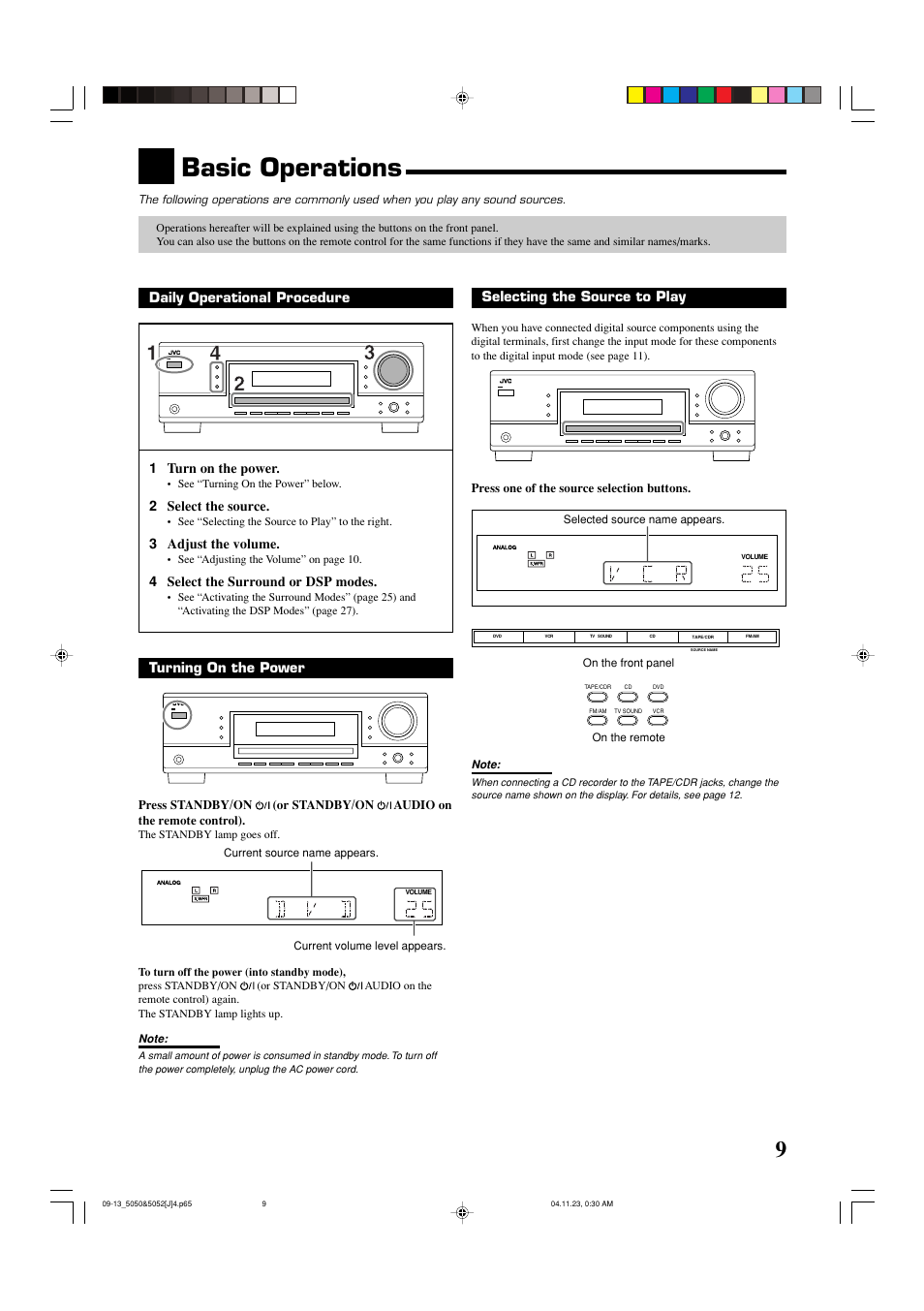 Basic operations, Selecting the source to play, Daily operational procedure 1 turn on the power | 2 select the source, 3 adjust the volume, 4 select the surround or dsp modes, Turning on the power | JVC RX-5050B User Manual | Page 11 / 76