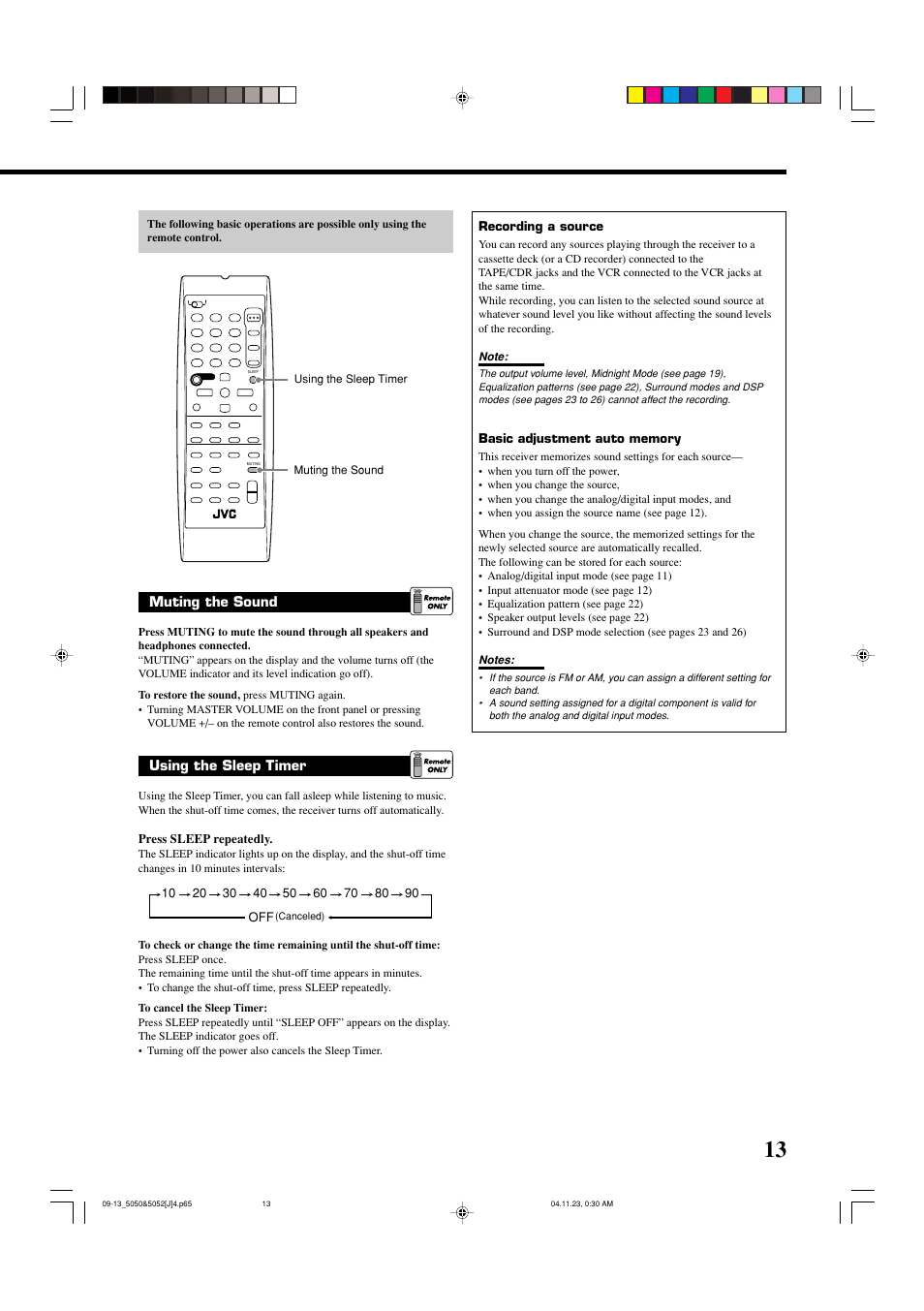 Muting the sound, Using the sleep timer | JVC RX-5050B User Manual | Page 15 / 76