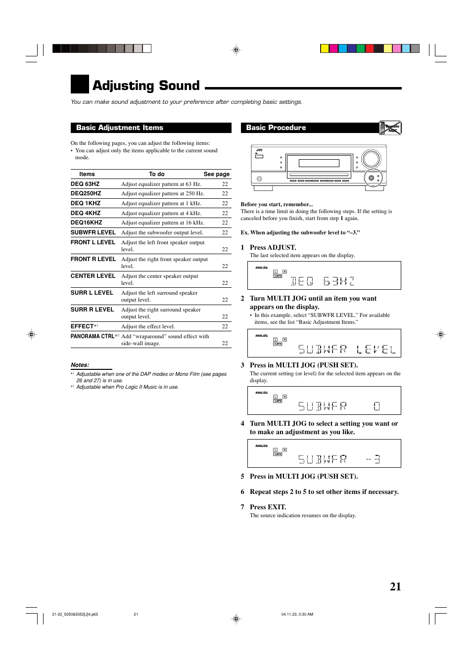 Adjusting sound | JVC RX-5050B User Manual | Page 23 / 76