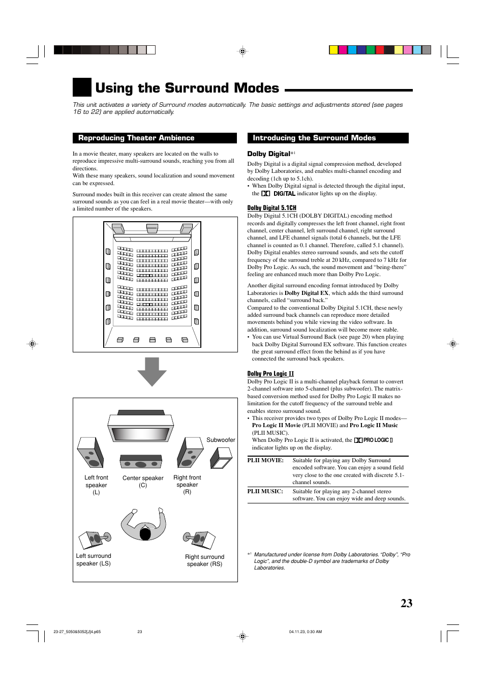 Using the surround modes | JVC RX-5050B User Manual | Page 25 / 76