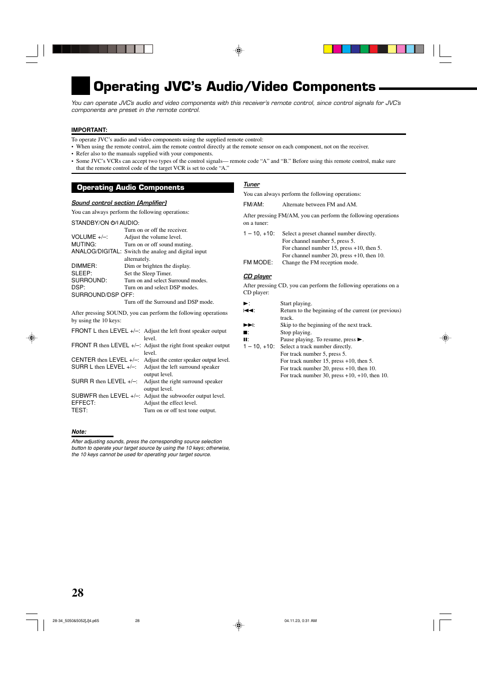 Operating jvc’s audio/video components | JVC RX-5050B User Manual | Page 30 / 76