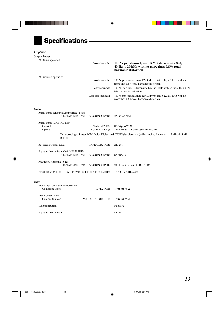 Specifications | JVC RX-5050B User Manual | Page 35 / 76