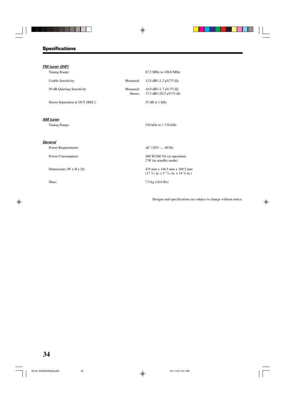 Specifications | JVC RX-5050B User Manual | Page 36 / 76