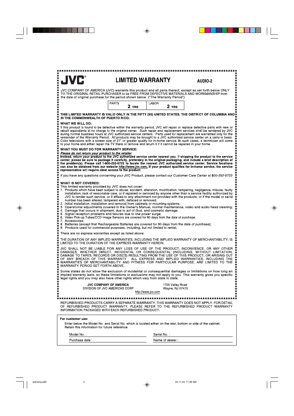 Limited warranty | JVC RX-5050B User Manual | Page 37 / 76