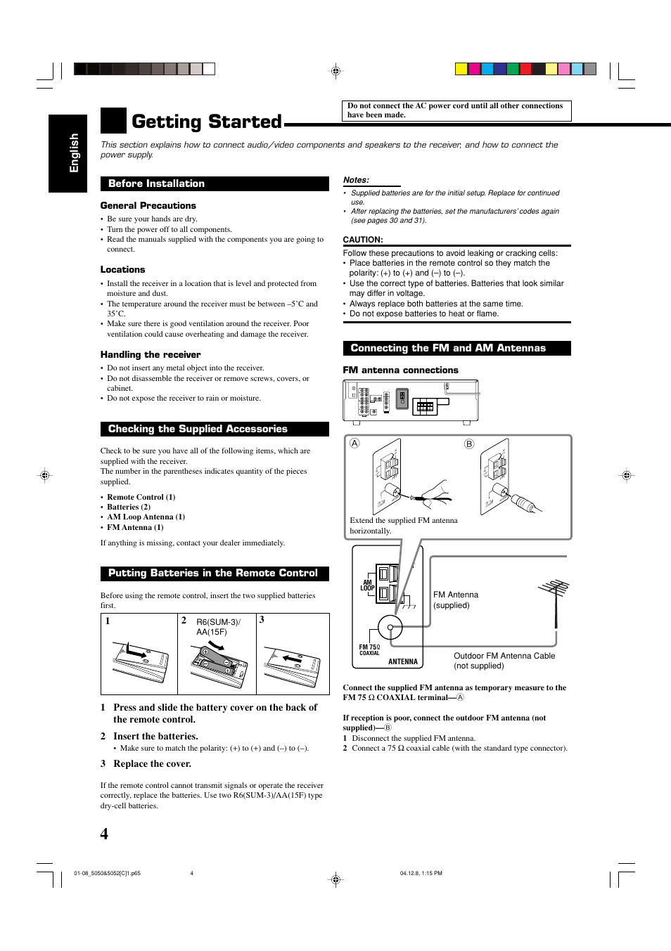 Getting started, English, Before installation | Checking the supplied accessories, Putting batteries in the remote control, 3 replace the cover, Connecting the fm and am antennas | JVC RX-5050B User Manual | Page 45 / 76