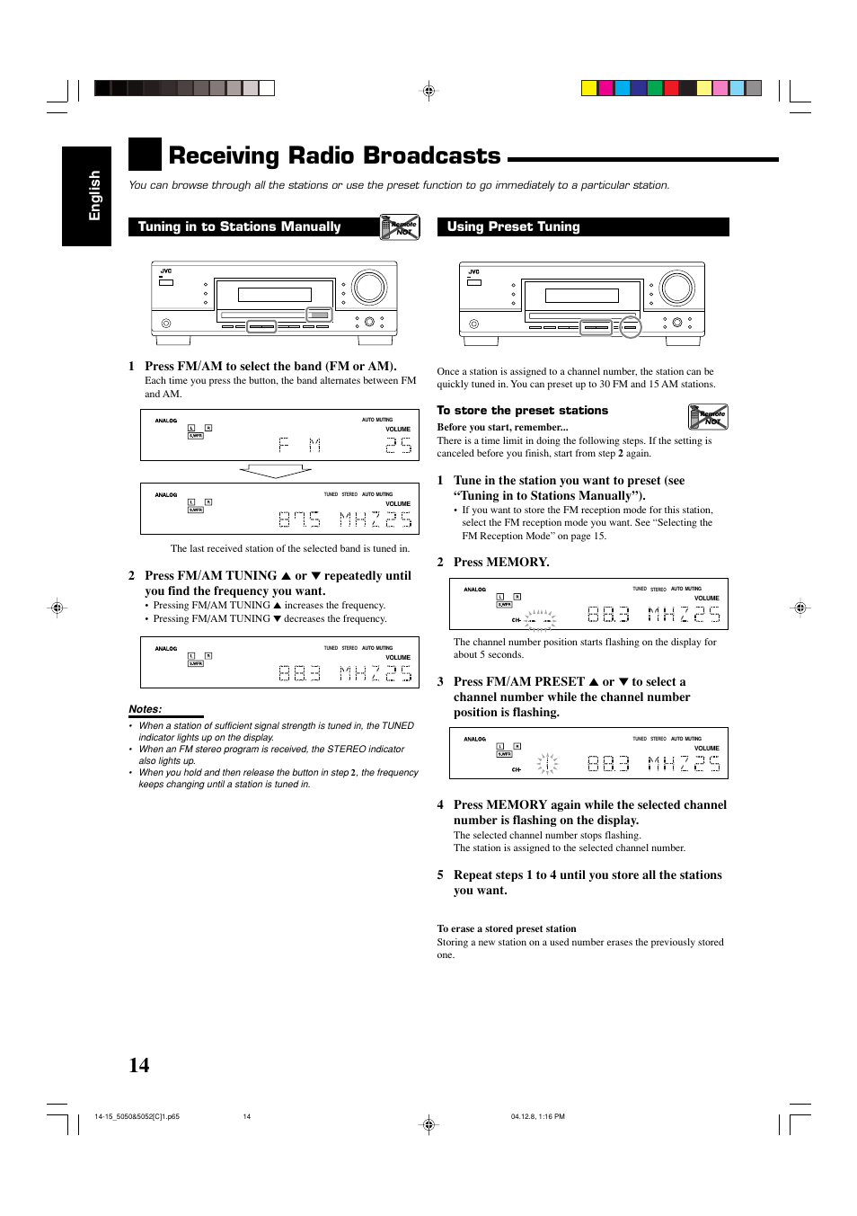 Receiving radio broadcasts, English | JVC RX-5050B User Manual | Page 55 / 76