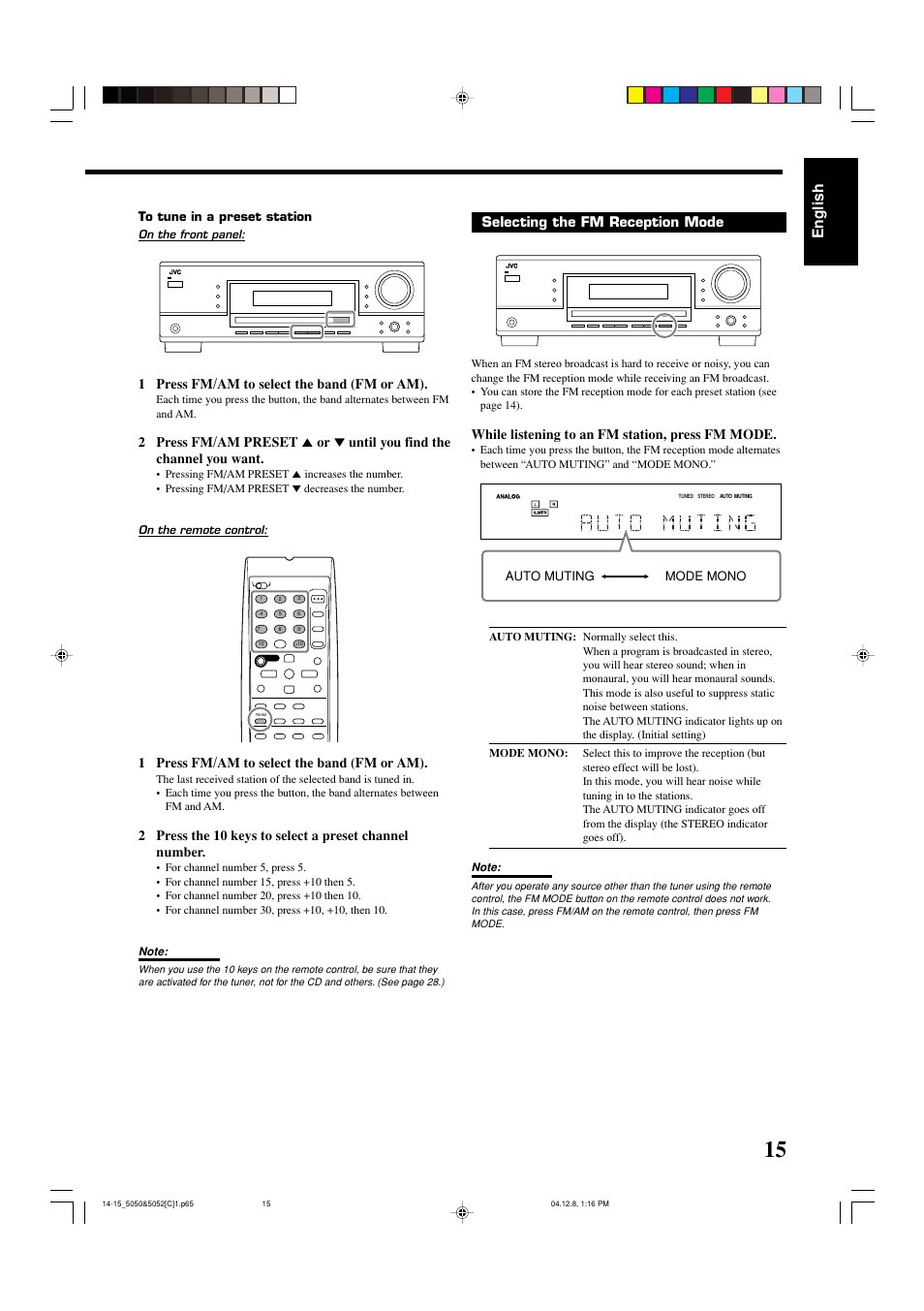 English, 1 press fm/am to select the band (fm or am), Selecting the fm reception mode | While listening to an fm station, press fm mode, Auto muting mode mono | JVC RX-5050B User Manual | Page 56 / 76