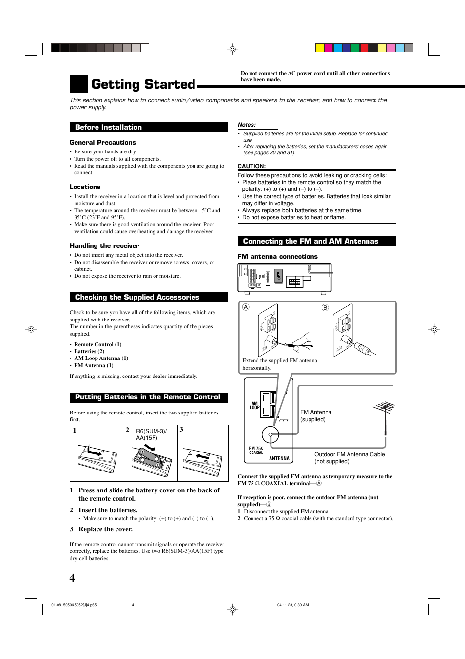 Getting started, Before installation, Checking the supplied accessories | Putting batteries in the remote control, 3 replace the cover, Connecting the fm and am antennas | JVC RX-5050B User Manual | Page 6 / 76