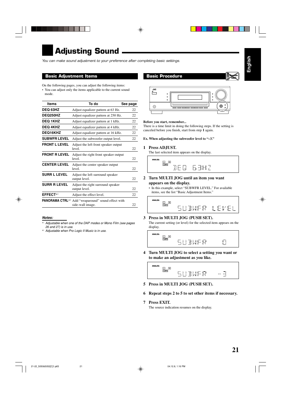 Adjusting sound, English | JVC RX-5050B User Manual | Page 62 / 76