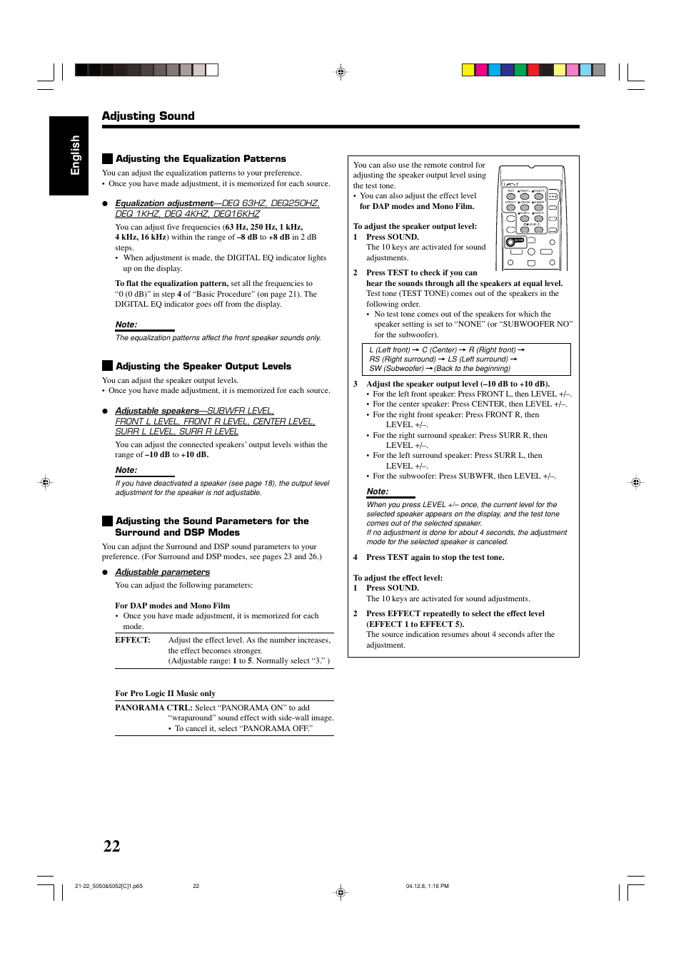 English, Adjusting sound | JVC RX-5050B User Manual | Page 63 / 76