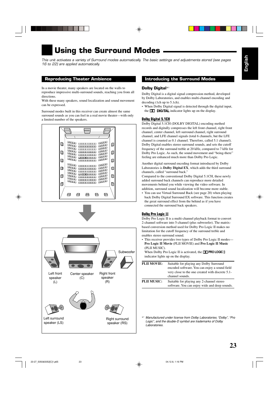 Using the surround modes, English | JVC RX-5050B User Manual | Page 64 / 76