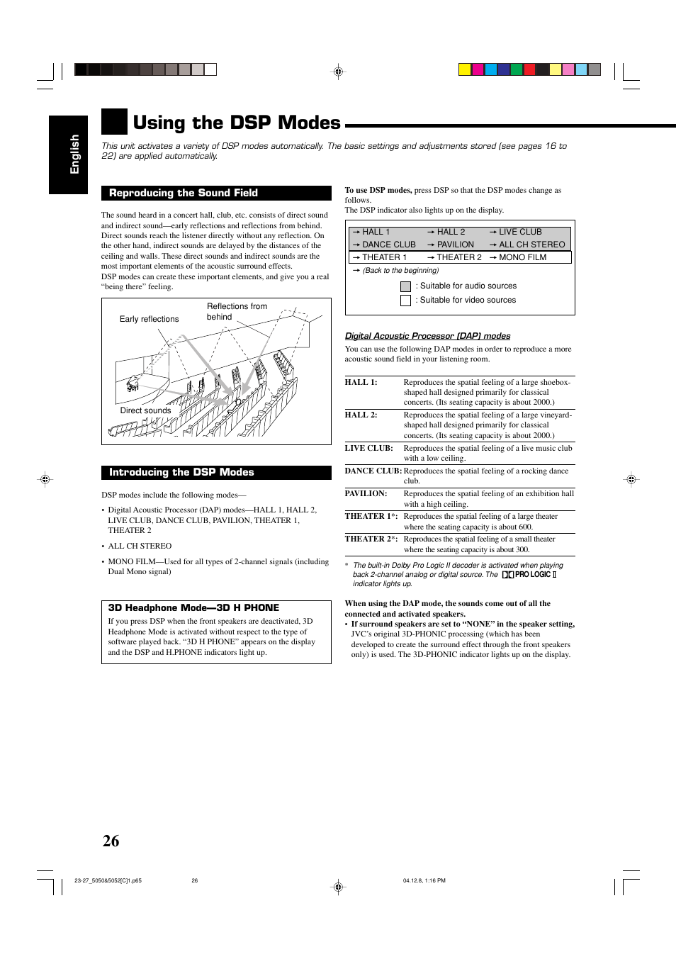 Using the dsp modes, English | JVC RX-5050B User Manual | Page 67 / 76