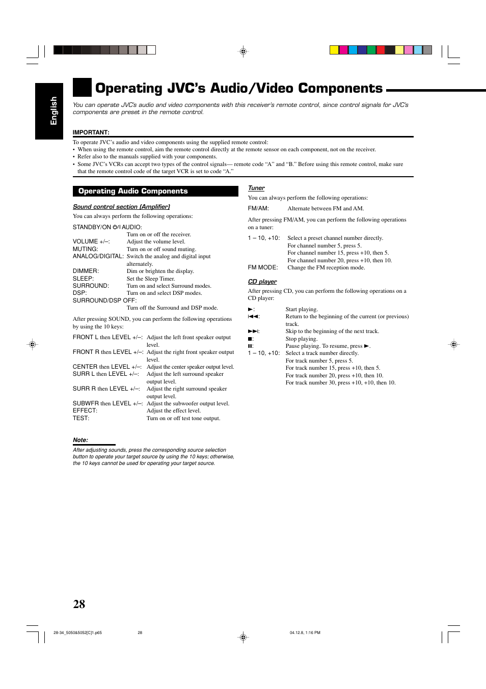 Operating jvc’s audio/video components, English | JVC RX-5050B User Manual | Page 69 / 76