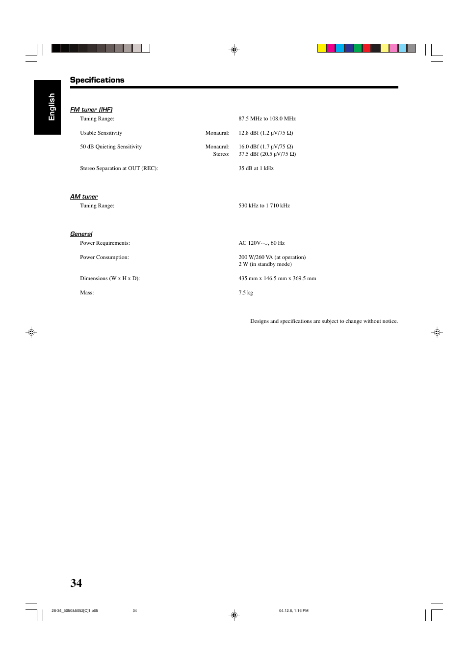 English, Specifications | JVC RX-5050B User Manual | Page 75 / 76