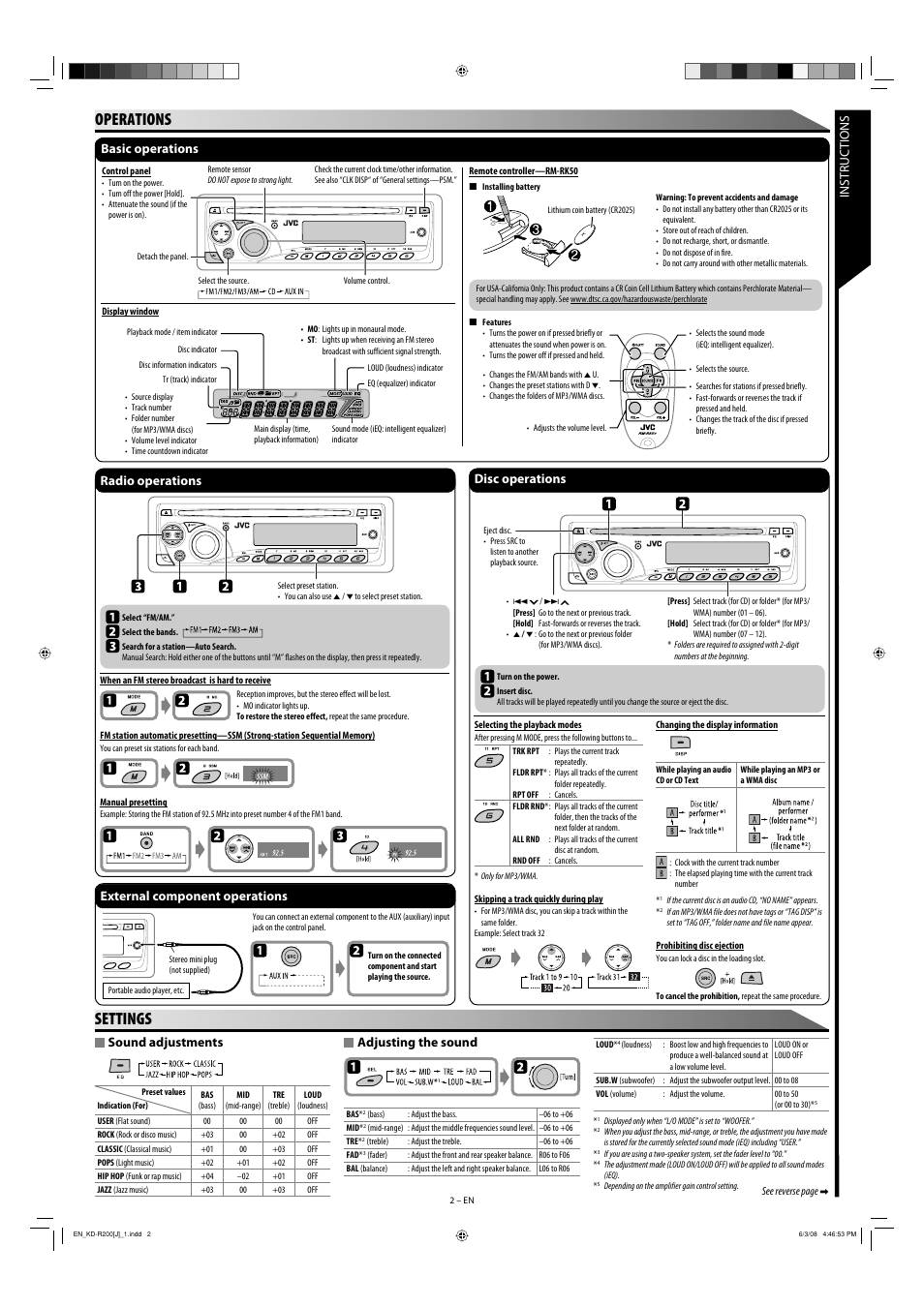 Operations, Settings, Instructions sound adjustments | Adjusting the sound, Basic operations, Radio operations, External component operations, Disc operations | JVC KD-R200 User Manual | Page 2 / 4