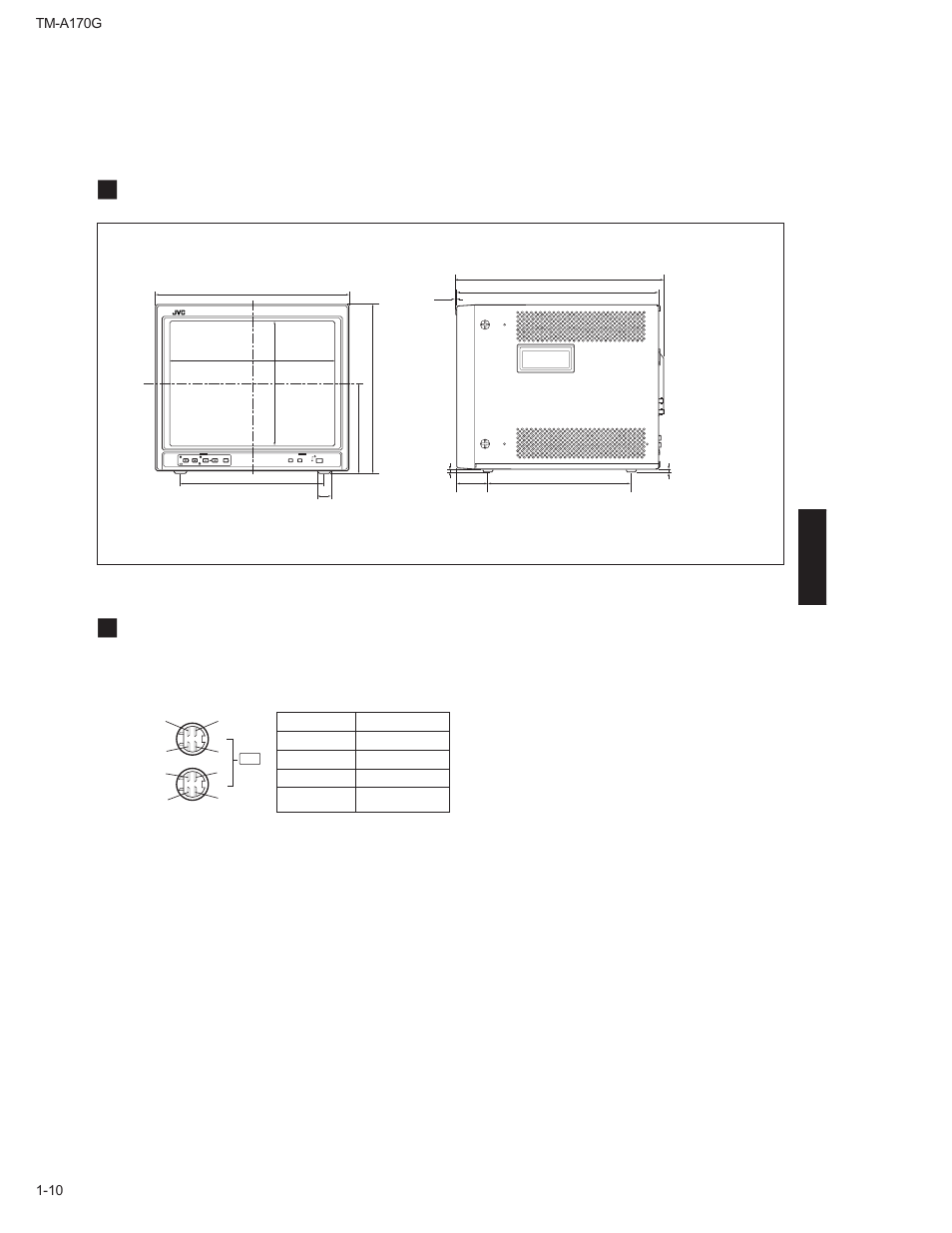 Dimensions, Y/c (mini din 4 pin) terminal specification, English | JVC TM-A170G User Manual | Page 10 / 12