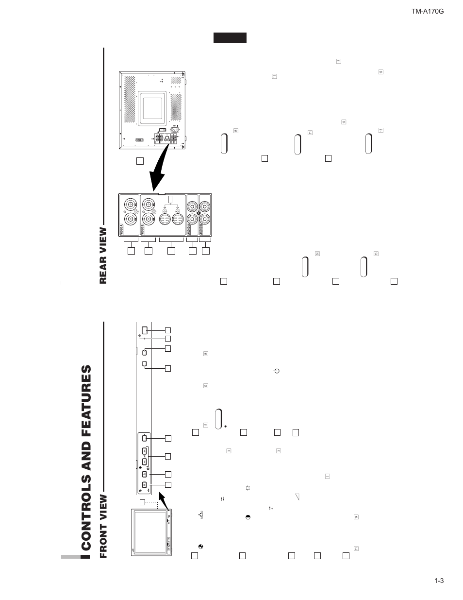 Controls and features, Controls and fea tures, Front view | Rear view, 3 tm-a170g, Front panel, Rear panel | JVC TM-A170G User Manual | Page 3 / 12