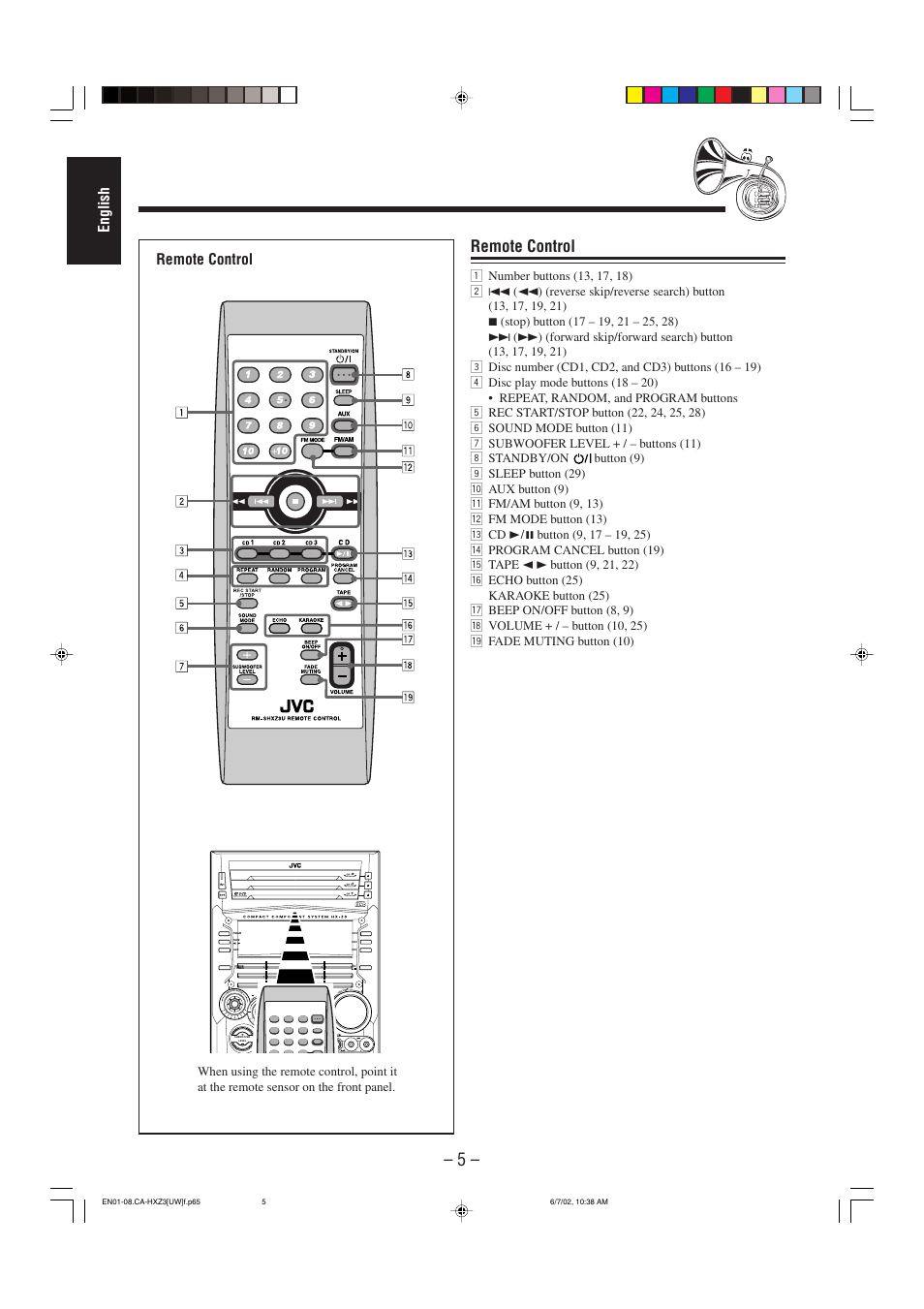 English, Remote control, Compact digital audio | JVC CA-HXZ3 User Manual | Page 10 / 41