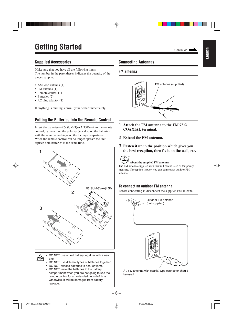 Getting started, Supplied accessories, Putting the batteries into the remote control | Connecting antennas | JVC CA-HXZ3 User Manual | Page 11 / 41