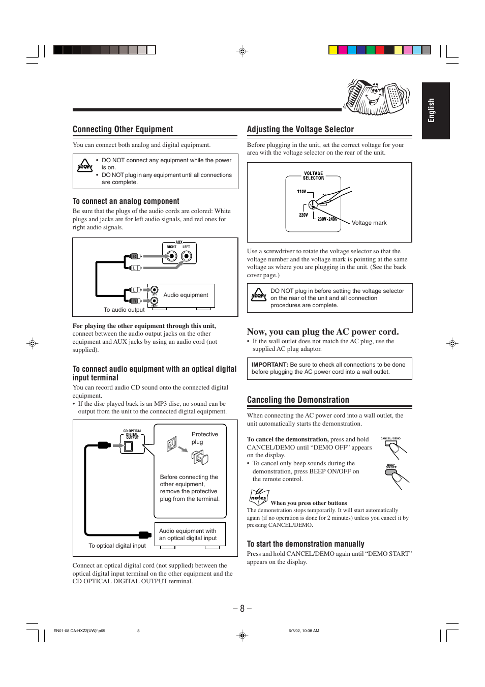 Now, you can plug the ac power cord, Connecting other equipment, Adjusting the voltage selector | Canceling the demonstration, English | JVC CA-HXZ3 User Manual | Page 13 / 41