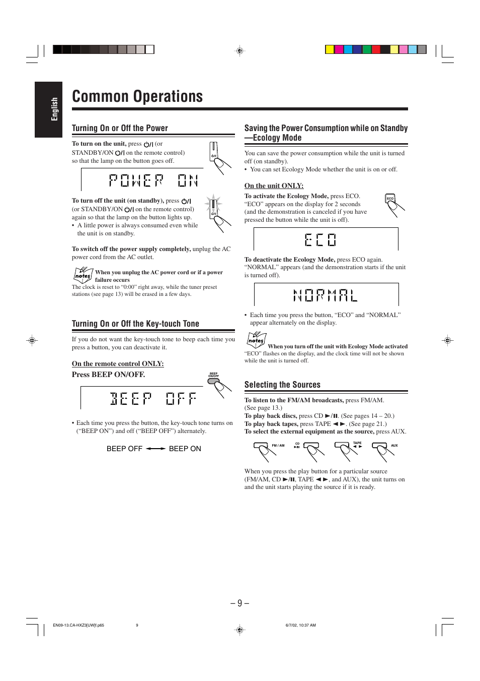 Common operations, Turning on or off the power, Turning on or off the key-touch tone | Selecting the sources | JVC CA-HXZ3 User Manual | Page 14 / 41