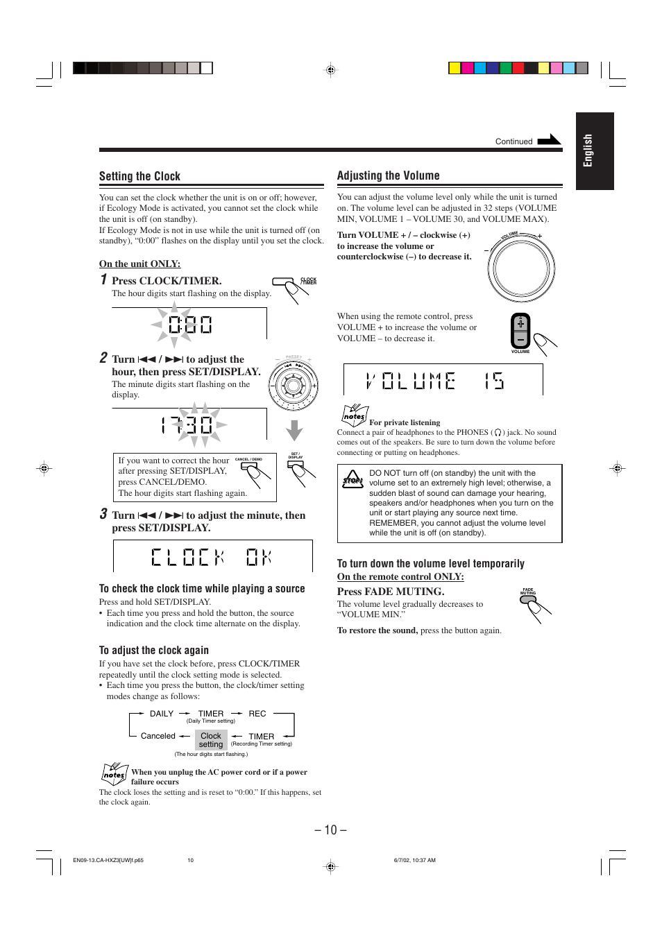 Adjusting the volume, Setting the clock, English | Press fade muting, Press clock/timer | JVC CA-HXZ3 User Manual | Page 15 / 41