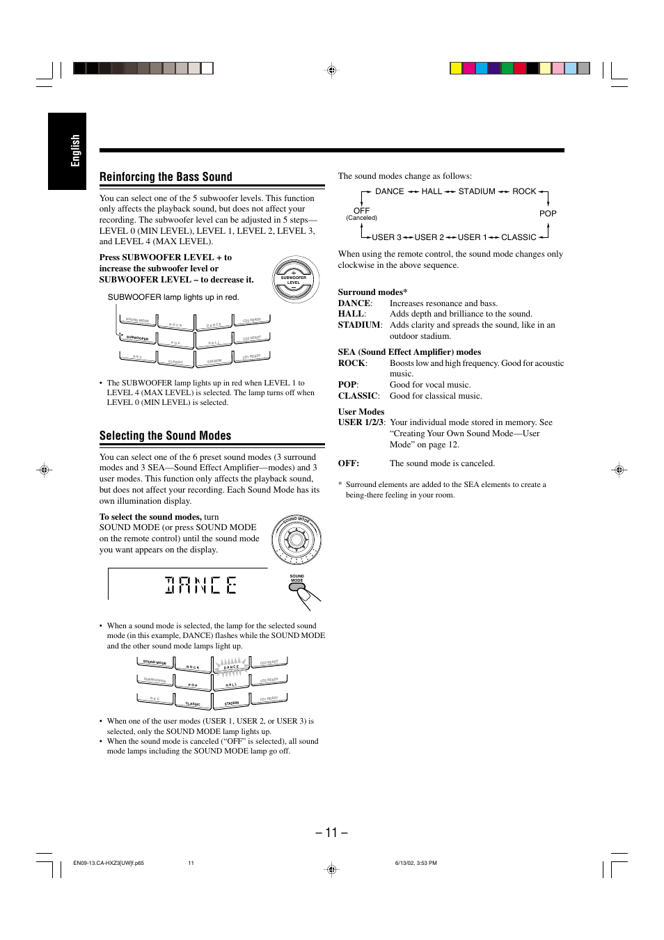 Reinforcing the bass sound, Selecting the sound modes, English | JVC CA-HXZ3 User Manual | Page 16 / 41