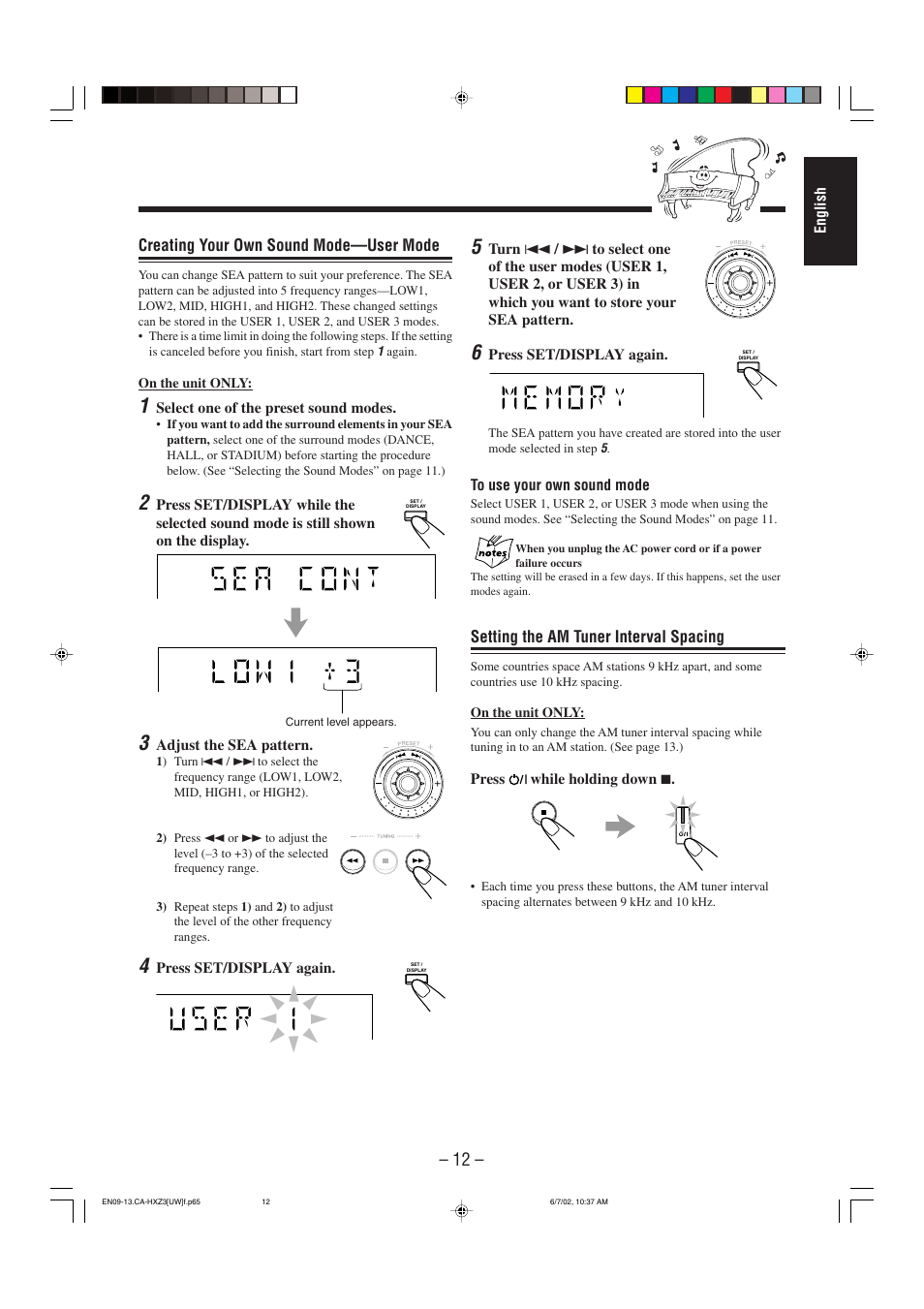 Creating your own sound mode—user mode, Setting the am tuner interval spacing | JVC CA-HXZ3 User Manual | Page 17 / 41