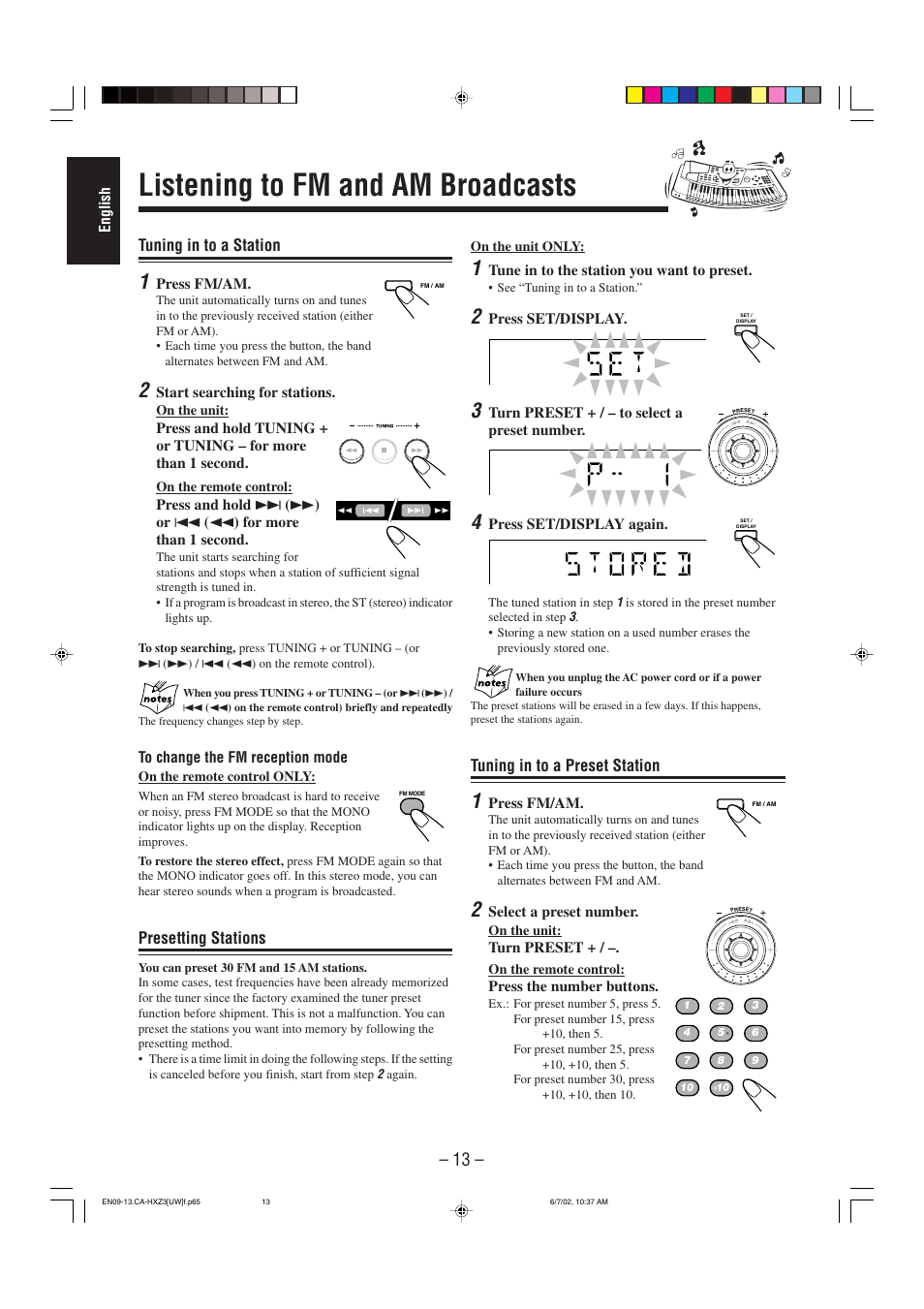 Listening to fm and am broadcasts, Tuning in to a station, Presetting stations | Tuning in to a preset station | JVC CA-HXZ3 User Manual | Page 18 / 41