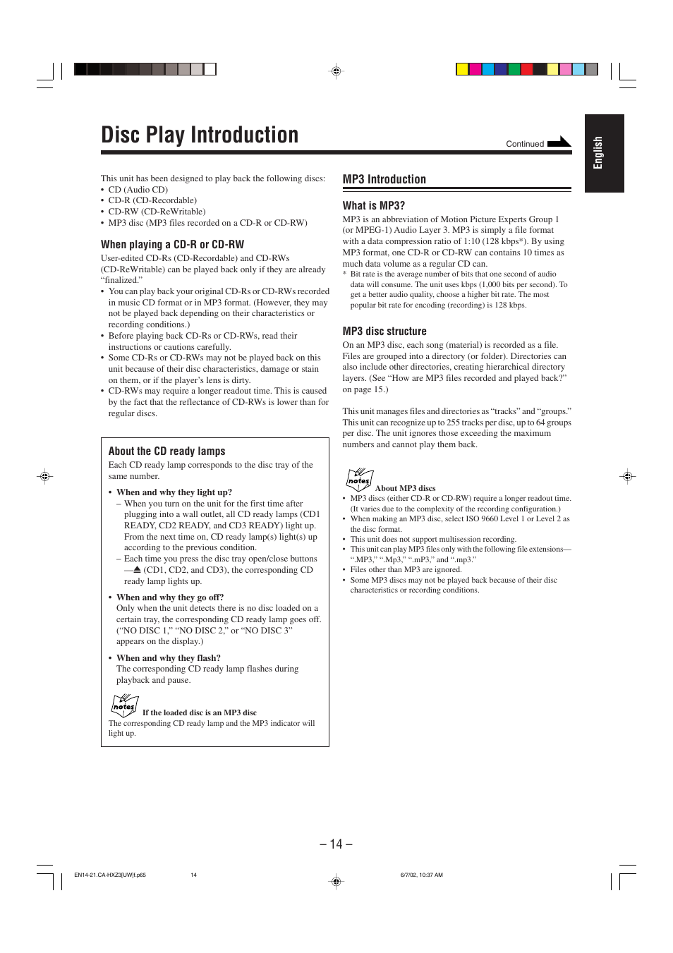 Disc play introduction, Mp3 introduction | JVC CA-HXZ3 User Manual | Page 19 / 41