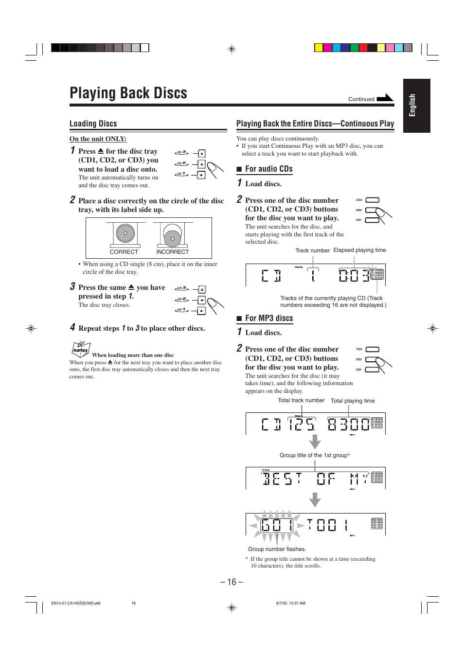 Playing back discs, Loading discs, Playing back the entire discs—continuous play | 7 for audio cds, 7 for mp3 discs, English, Press the same 0 you have pressed in step, Repeat steps, Load discs, On the unit only | JVC CA-HXZ3 User Manual | Page 21 / 41