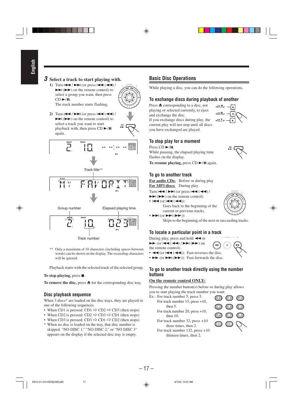 Basic disc operations, English, Select a track to start playing with | Disc playback sequence, On the remote control only | JVC CA-HXZ3 User Manual | Page 22 / 41