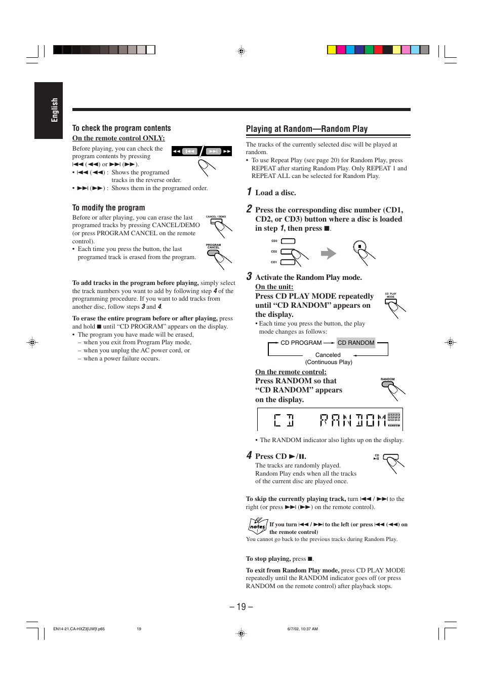 Playing at random—random play, English, Load a disc | Then press 7, Activate the random play mode, Press cd 3¥8 | JVC CA-HXZ3 User Manual | Page 24 / 41