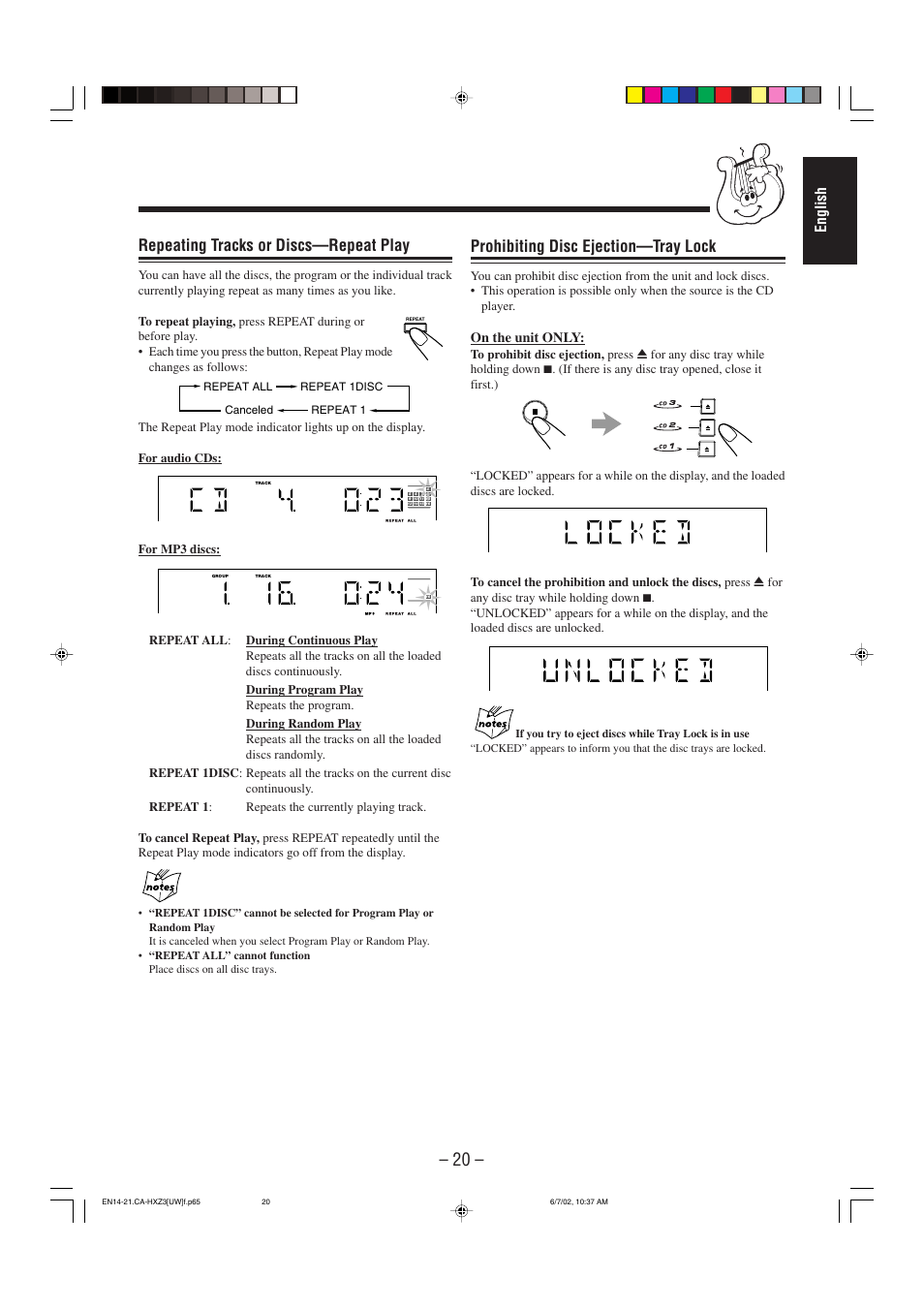 Prohibiting disc ejection—tray lock, Repeating tracks or discs—repeat play, English | JVC CA-HXZ3 User Manual | Page 25 / 41