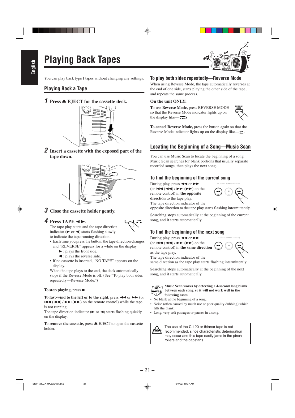 Playing back tapes, Playing back a tape, Locating the beginning of a song—music scan | JVC CA-HXZ3 User Manual | Page 26 / 41