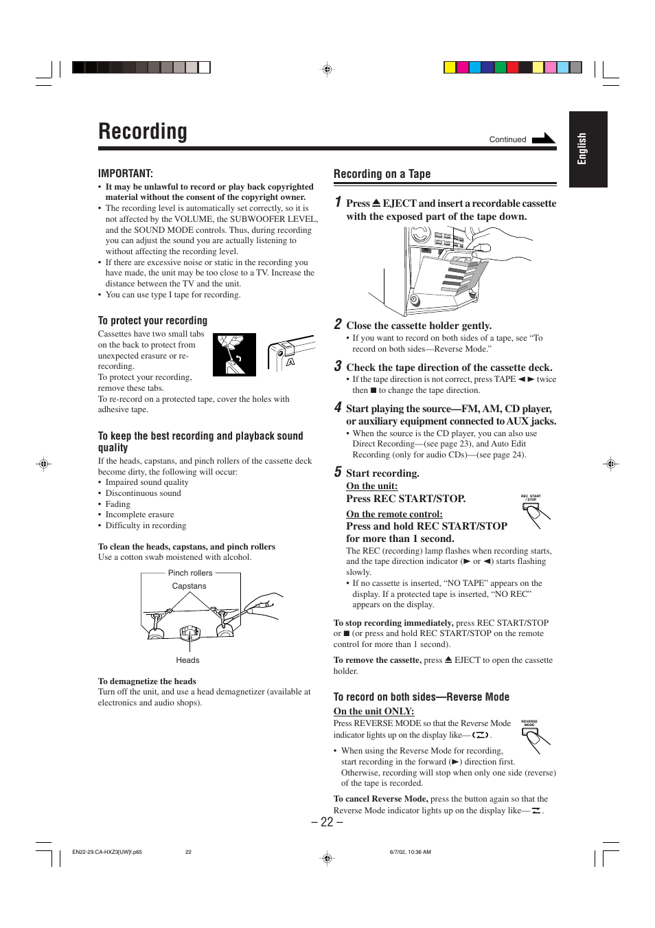 Recording, Recording on a tape | JVC CA-HXZ3 User Manual | Page 27 / 41