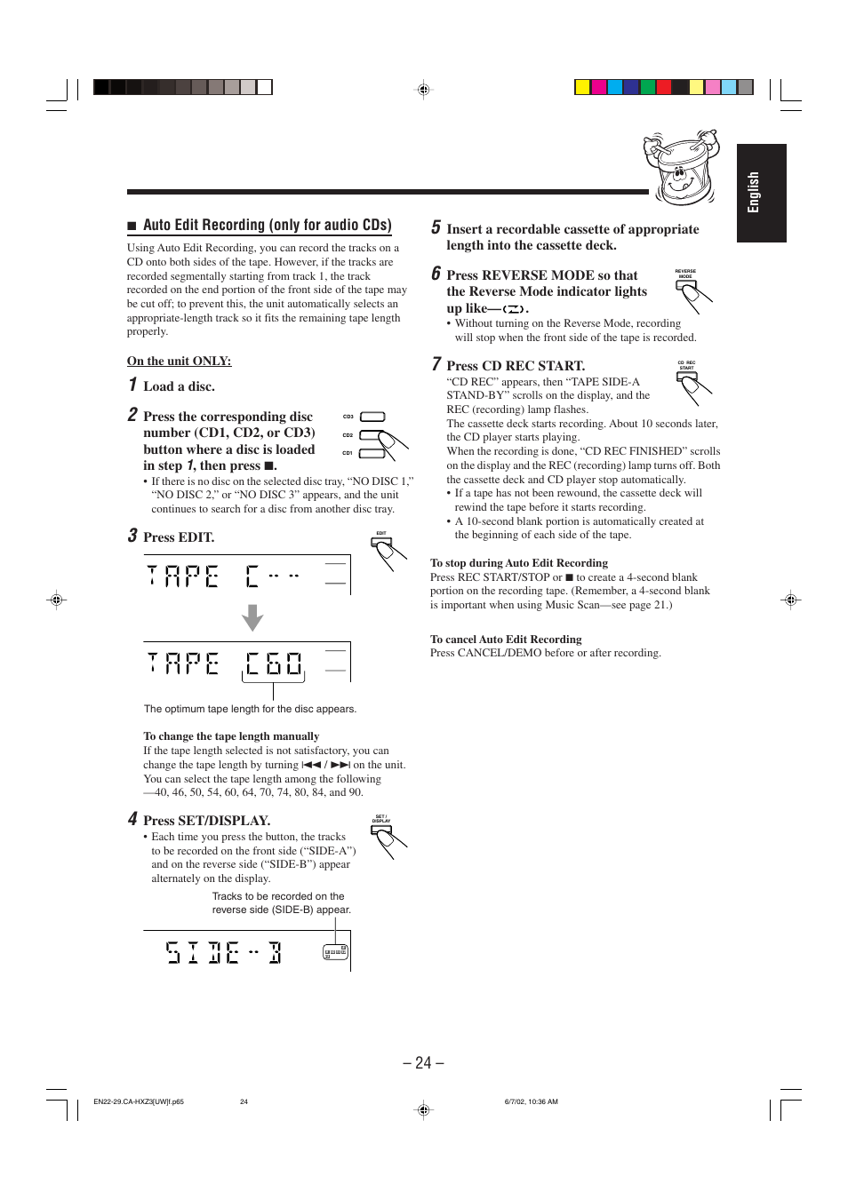 Auto edit recording (only for audio cds) | JVC CA-HXZ3 User Manual | Page 29 / 41