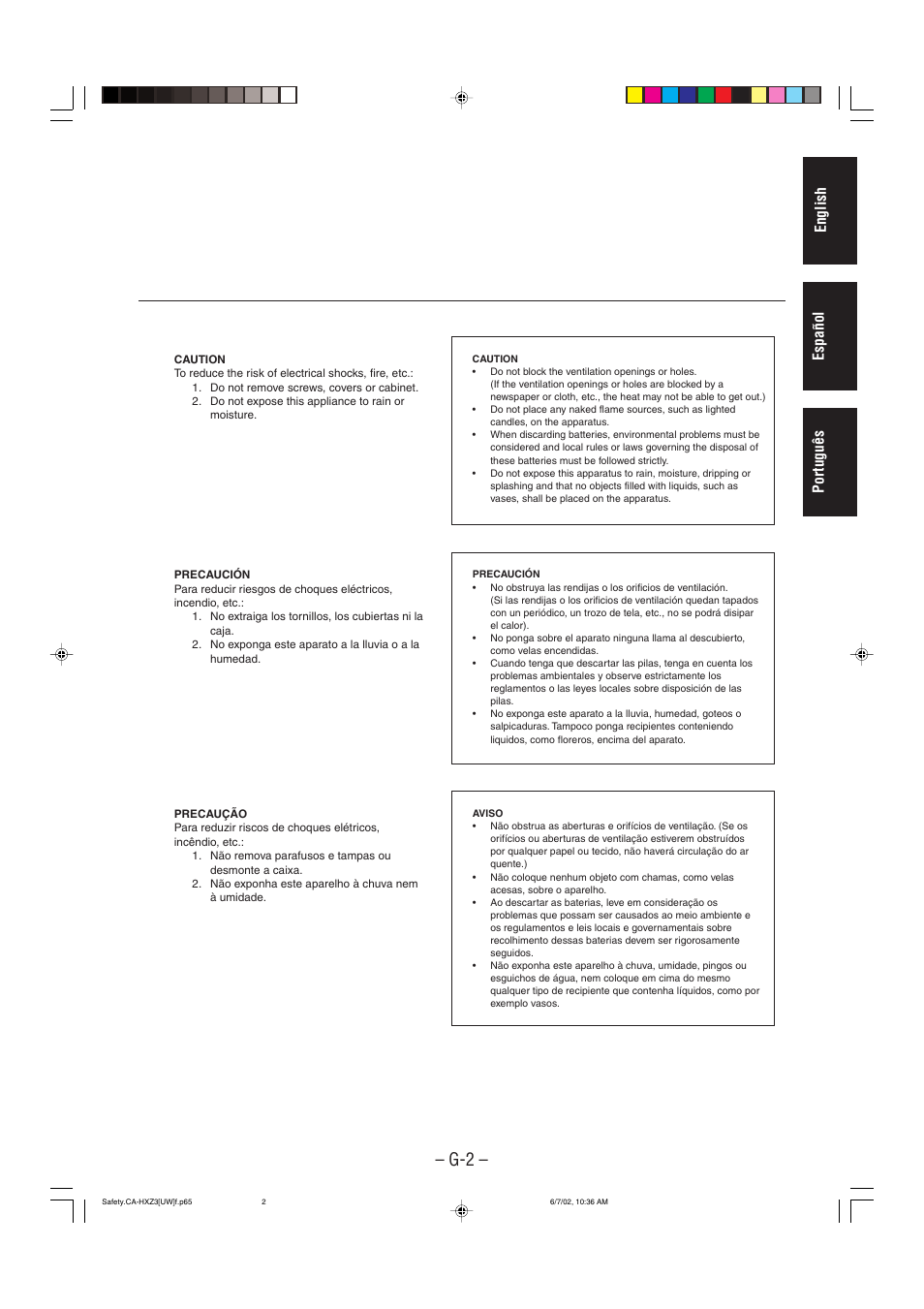 Caution, English português español | JVC CA-HXZ3 User Manual | Page 3 / 41