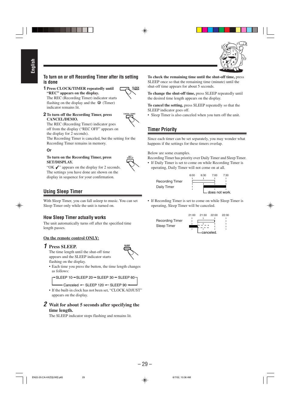 Using sleep timer, Timer priority | JVC CA-HXZ3 User Manual | Page 34 / 41