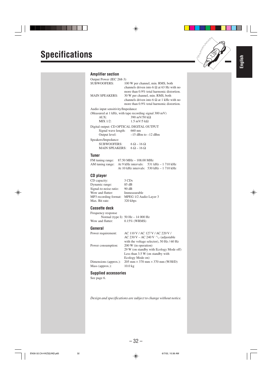 Specifications, English | JVC CA-HXZ3 User Manual | Page 37 / 41