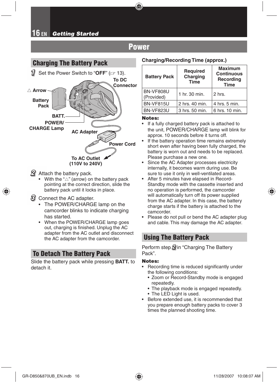 Power, Charging the battery pack 1 1, Using the battery pack | JVC GR-D850 GR-D870 User Manual | Page 16 / 52