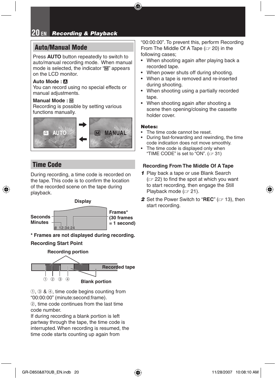 Auto/manual mode, Time code | JVC GR-D850 GR-D870 User Manual | Page 20 / 52