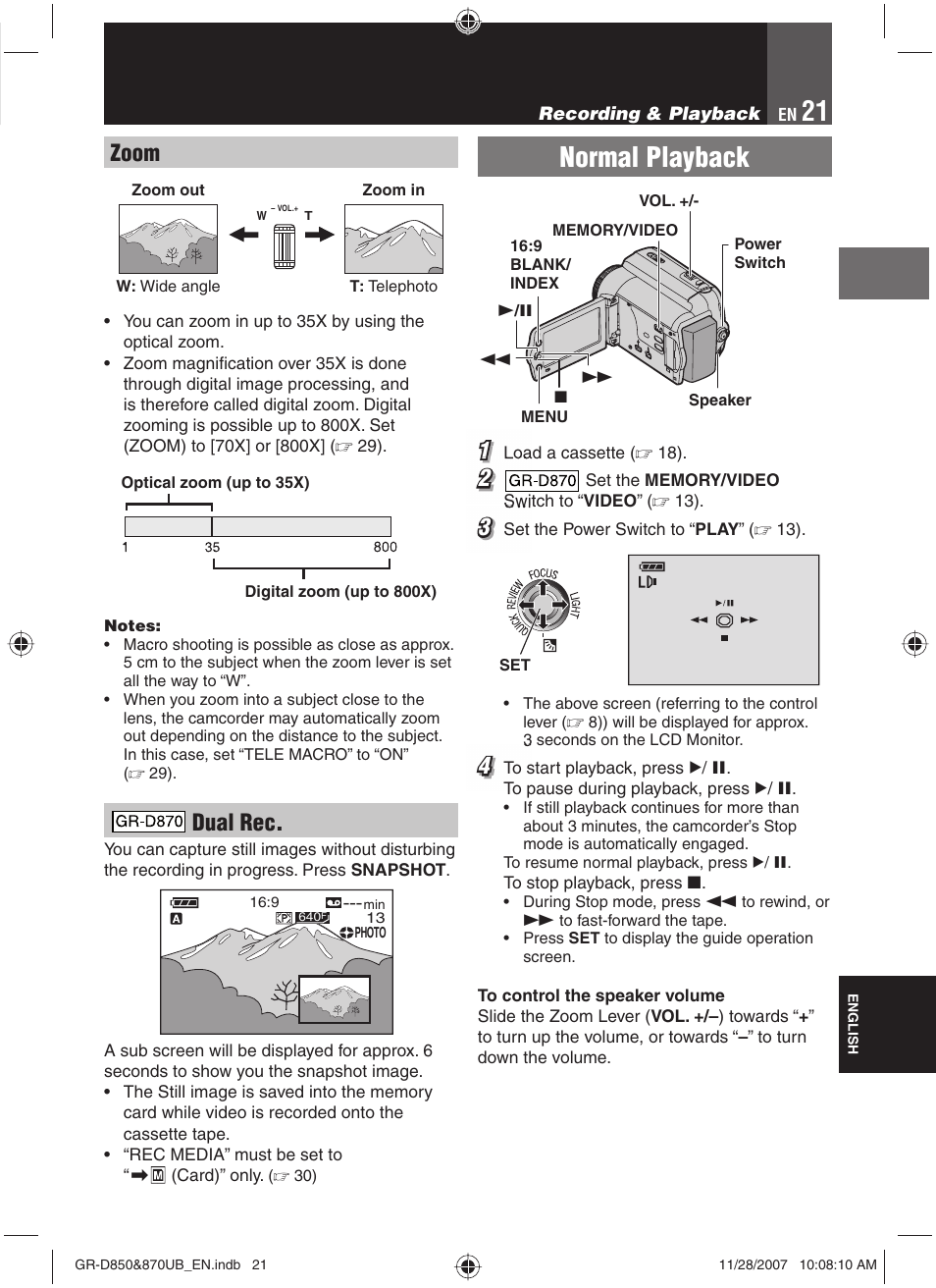 Zoom, Dual rec, Normal playback | JVC GR-D850 GR-D870 User Manual | Page 21 / 52