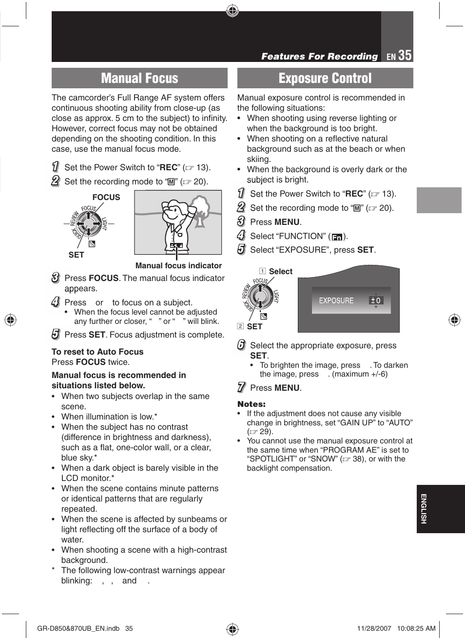 Manual focus, Exposure control | JVC GR-D850 GR-D870 User Manual | Page 35 / 52